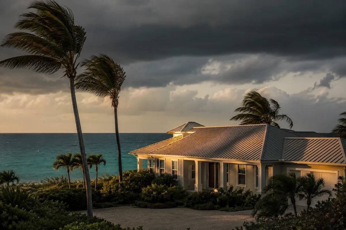 Coastal home with a wind-rated roof as palm trees bend in strengthening wind ahead of an approaching tropical storm