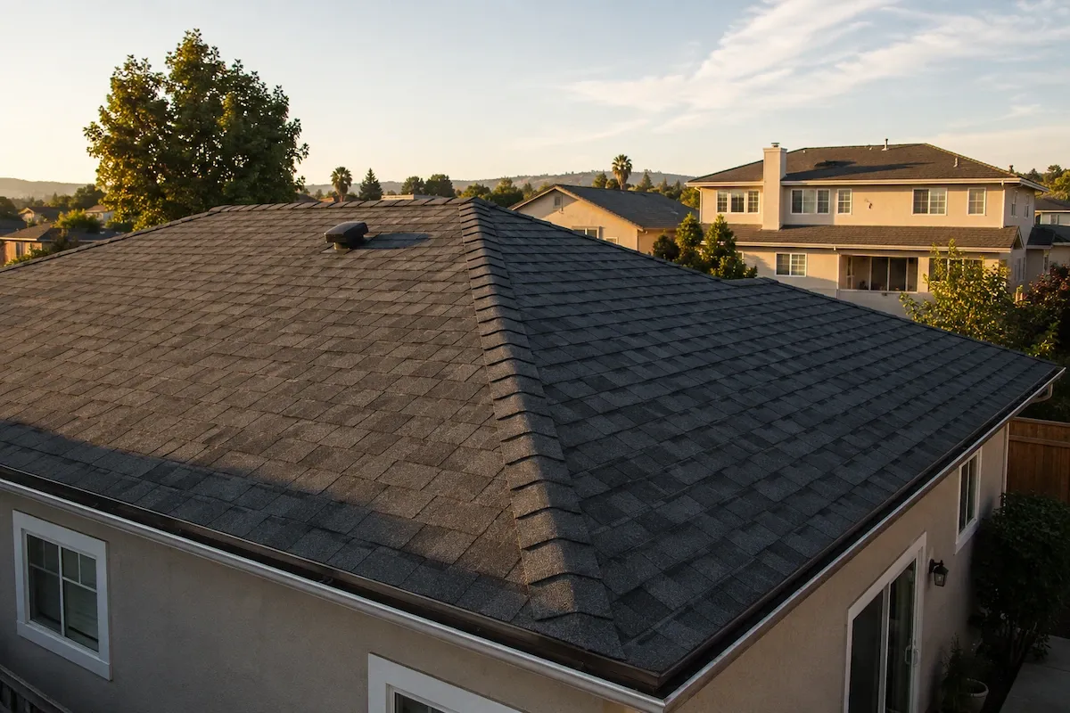 Architectural asphalt shingles on a one-story house, photographed from the backyard in late-afternoon light