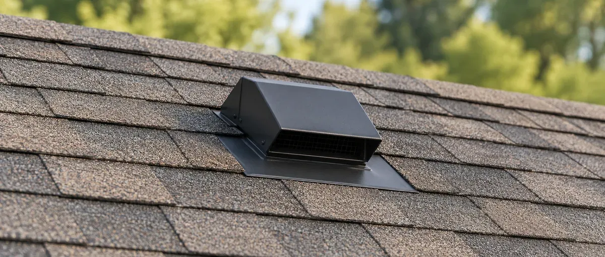 Generated editorial illustration of a dark metal exhaust hood on a shingle roof.