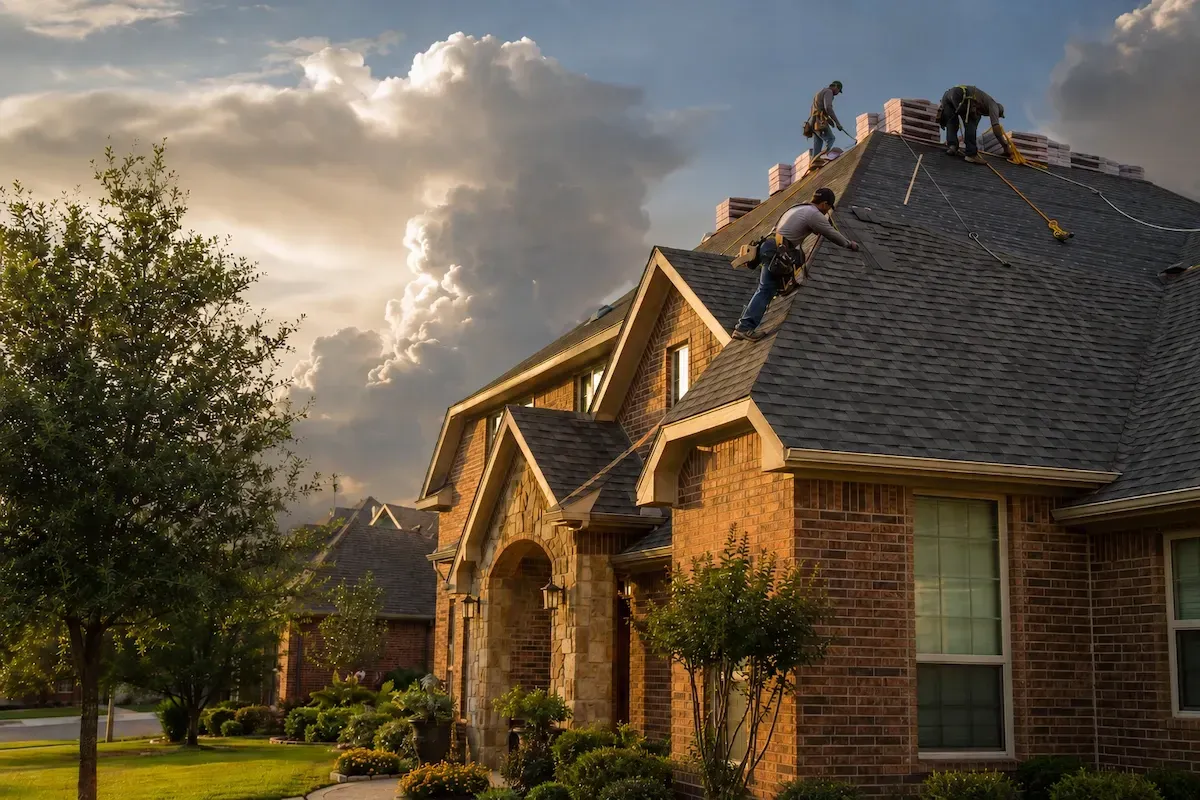 Roofing crew installing architectural shingles on a North Texas brick home under a clear summer sky