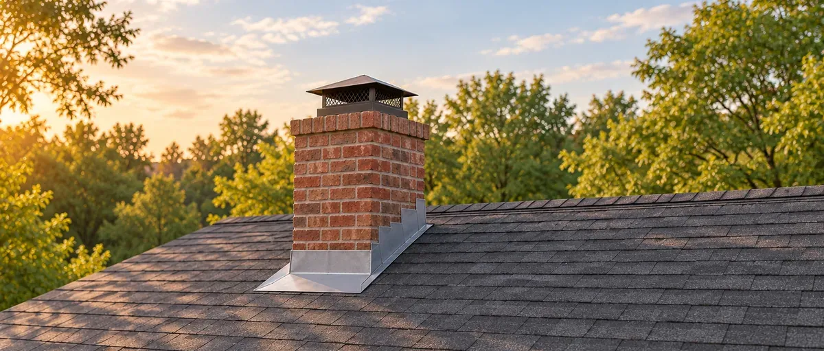 Editorial illustration of a masonry chimney with metal flashing where it meets a shingle roof.