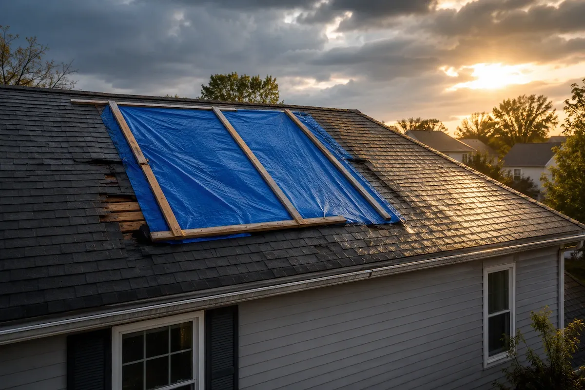 Blue emergency tarp secured over a storm-damaged section of a residential roof under a clearing sky