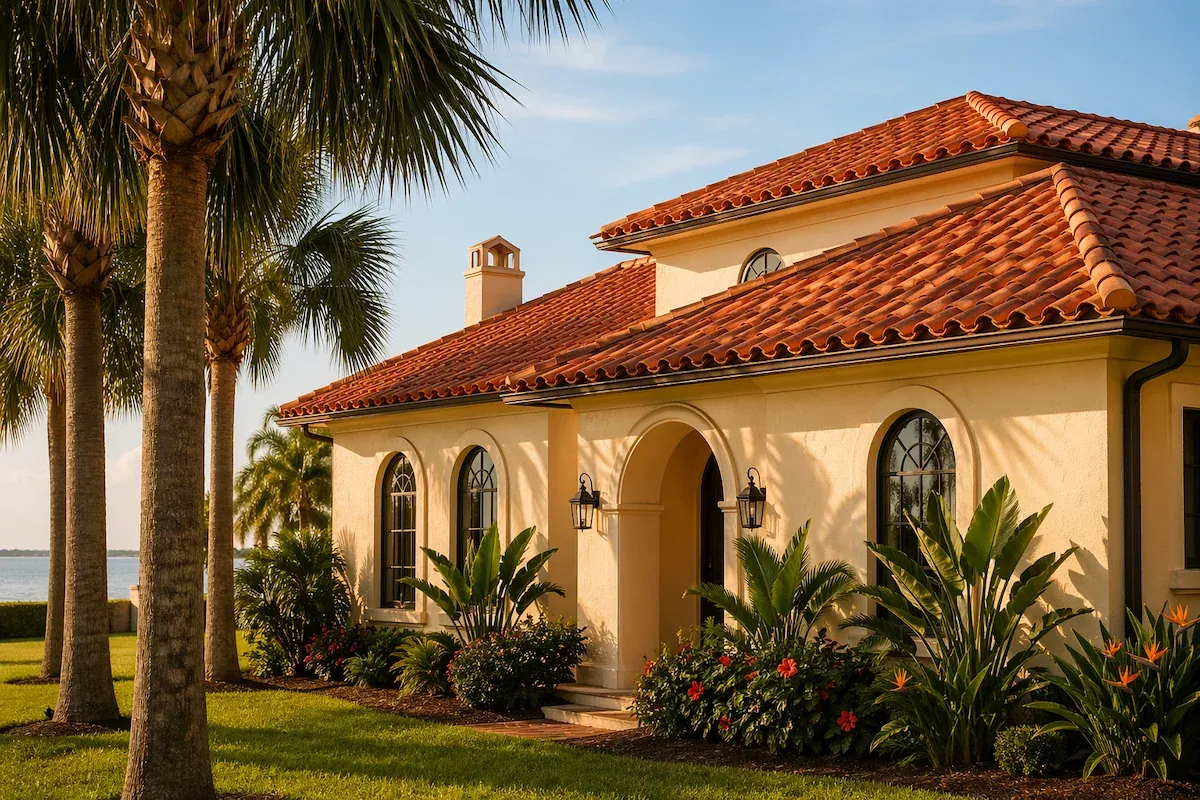 Spanish-style barrel tile roof on a Florida home with palm trees and afternoon Gulf Coast light