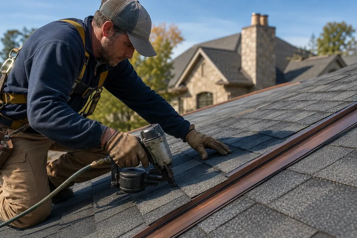 Roofer kneeling on a new roof fastening a course of gray architectural asphalt shingles with a nail gun