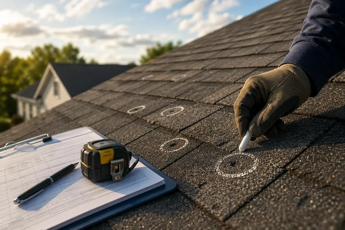 Roofer inspecting hail-damaged asphalt shingles with a chalk circle marking impact points and an insurance estimate clipboard