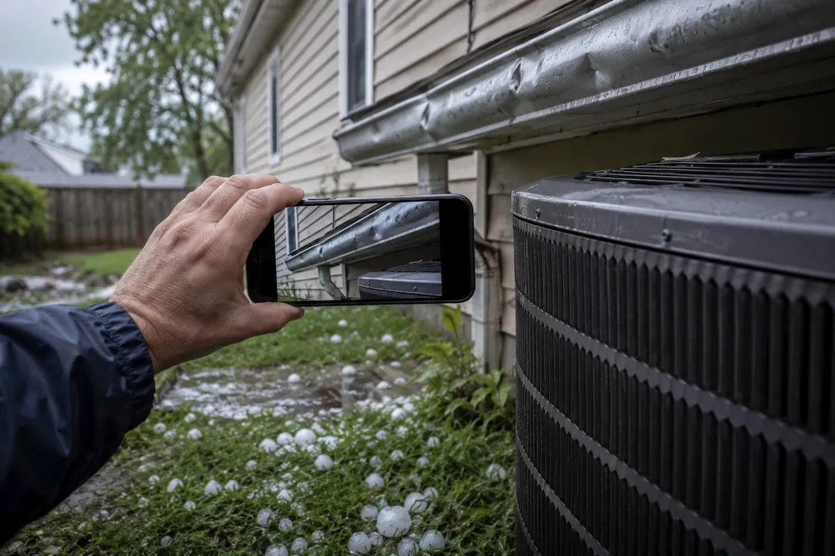 Homeowner using a smartphone to photograph hail-dented gutters and scattered hailstones beside a house