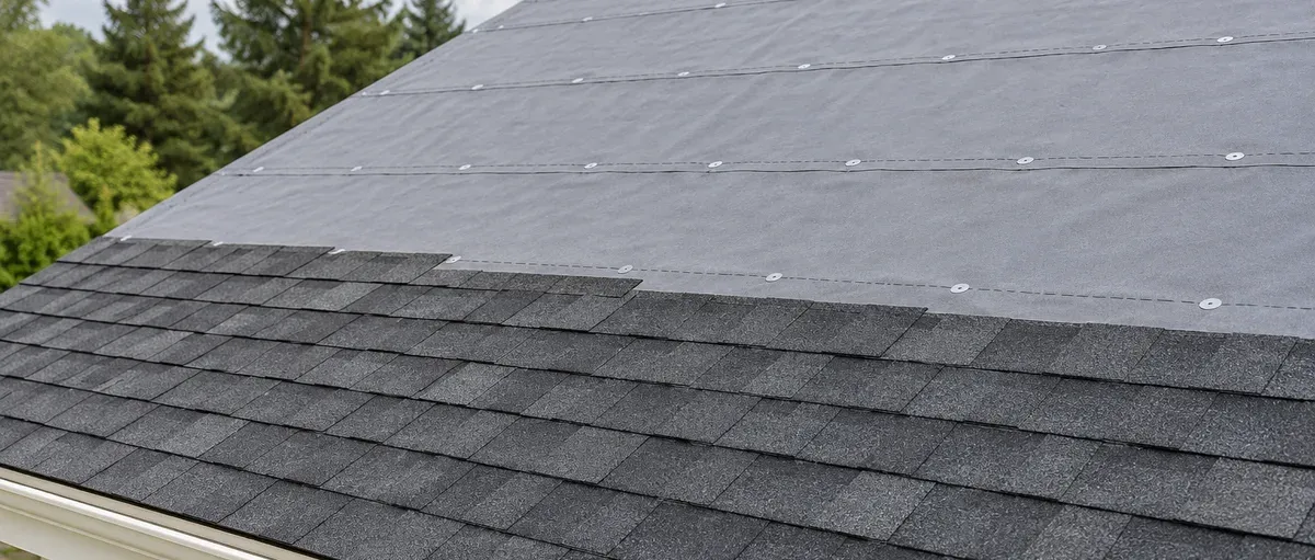 Generated editorial illustration of exposed gray roof underlayment above partly installed charcoal shingles.
