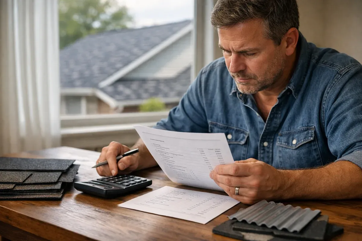 Roofing cost breakdown showing material samples and contractor estimate paperwork on a table