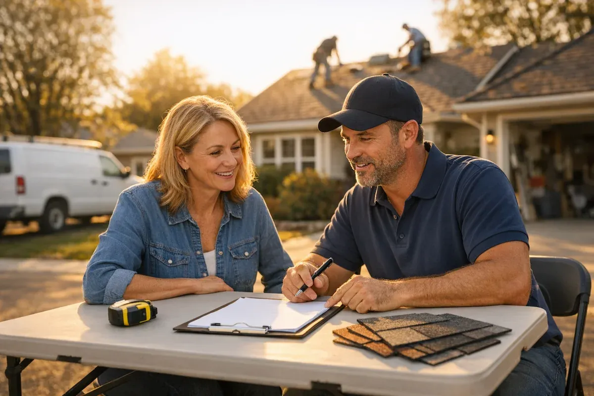 Homeowner and roofing contractor reviewing estimates and shingle samples at an outdoor table with active roof work in the background