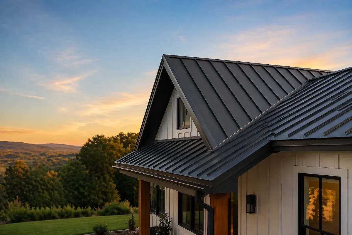Modern home with charcoal standing seam metal roof and clean architectural lines against an evening sky