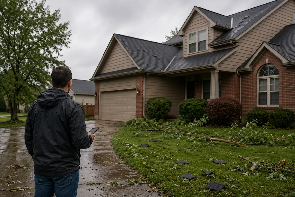 Homeowner inspecting their roofline from the ground after a storm, with shingle debris and branches on the lawn