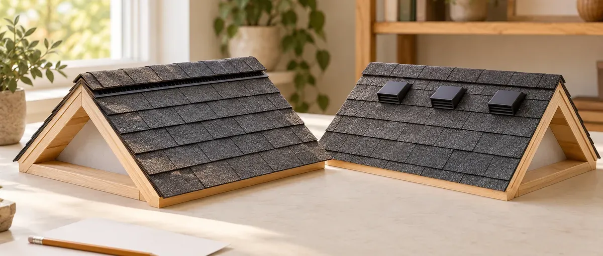 Editorial illustration of two shingle-roof display models, one with a ridge vent and one with individual box vents.
