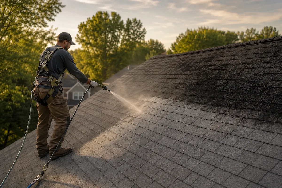 Technician soft washing a gray asphalt shingle roof, with black algae streaks on the uncleaned section beside the cleaned area