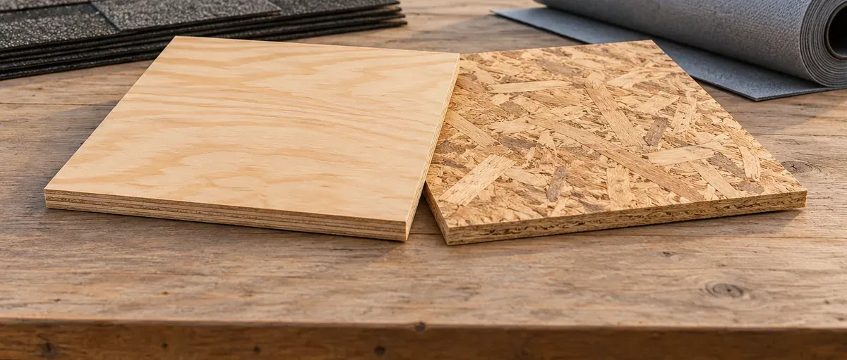 Illustration of plywood and OSB roof sheathing samples beside shingles and rolled underlayment.