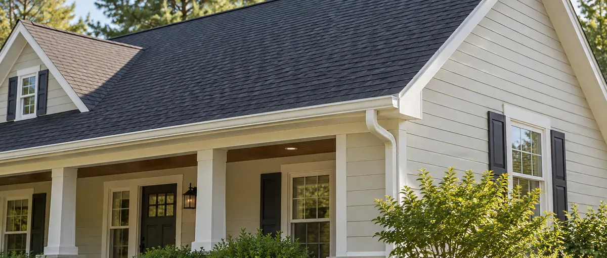 Editorial illustration of a shingle roof with metal edge flashing above the gutter on an ordinary house.