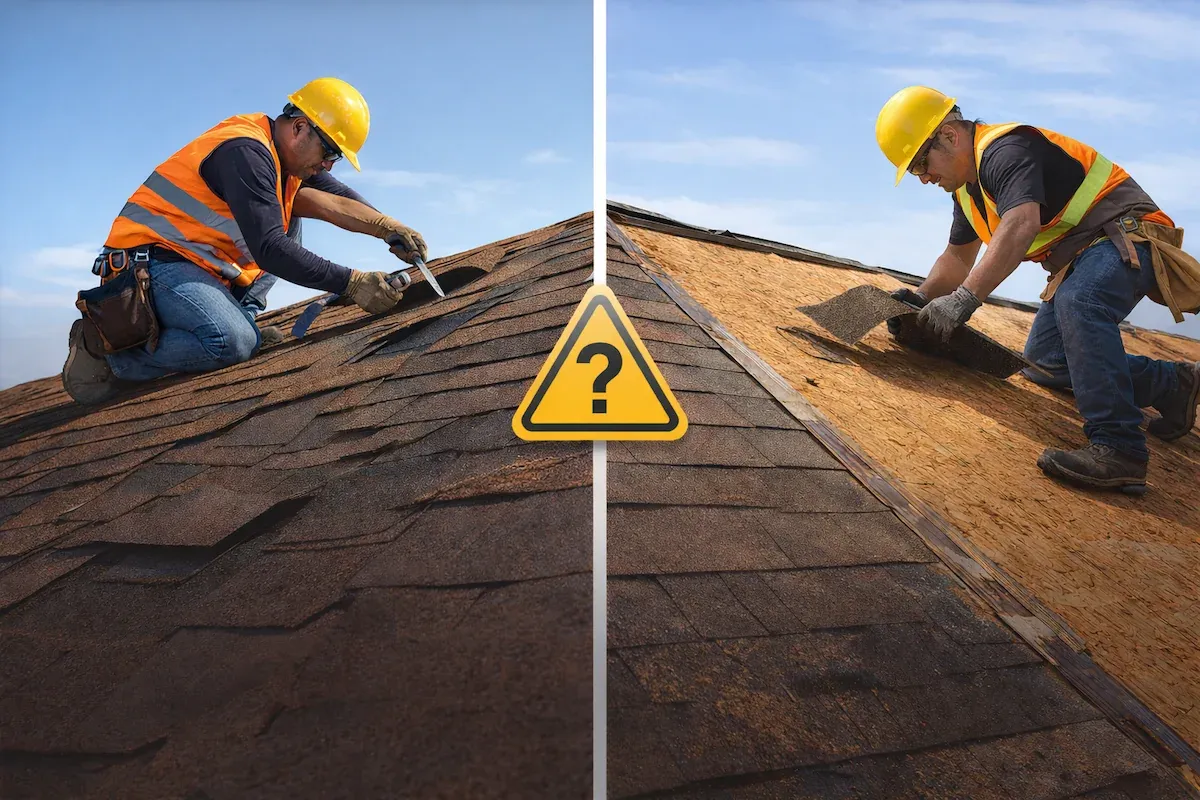 Homeowner deciding between roof repair and full roof replacement with contractor estimate documents