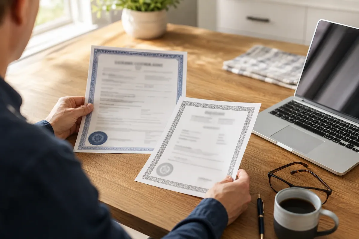 Homeowner reviewing a roofing contractor's license and insurance paperwork at a kitchen table with a laptop