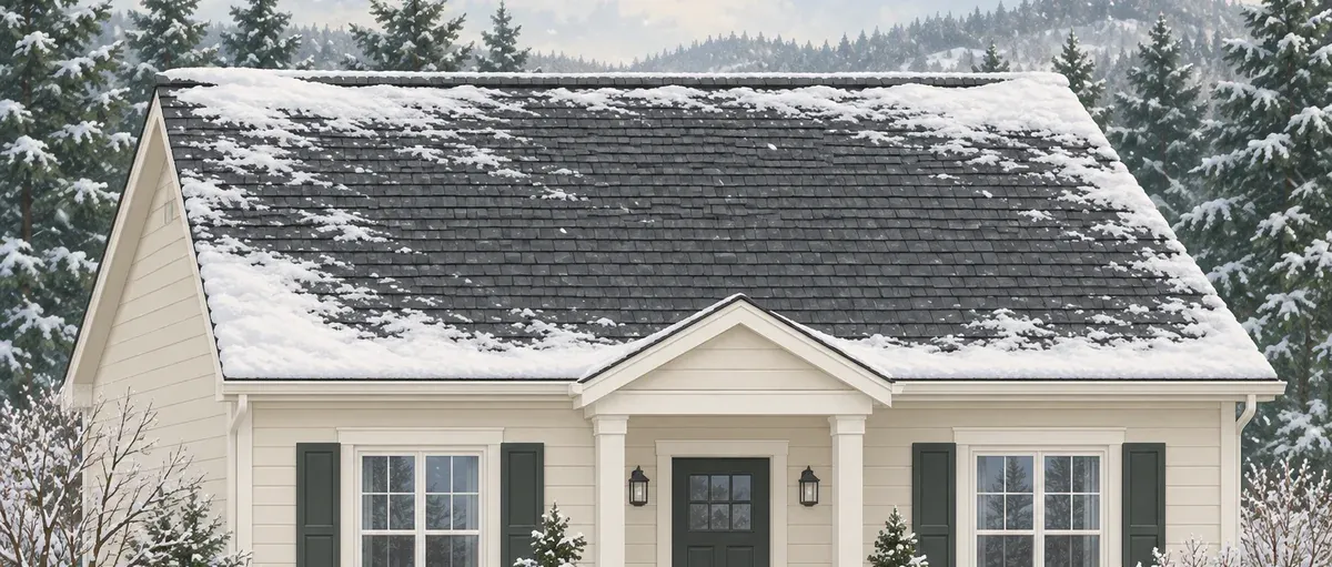 Generated illustration of a cream house with a snow-dusted asphalt-shingle roof and pine trees.