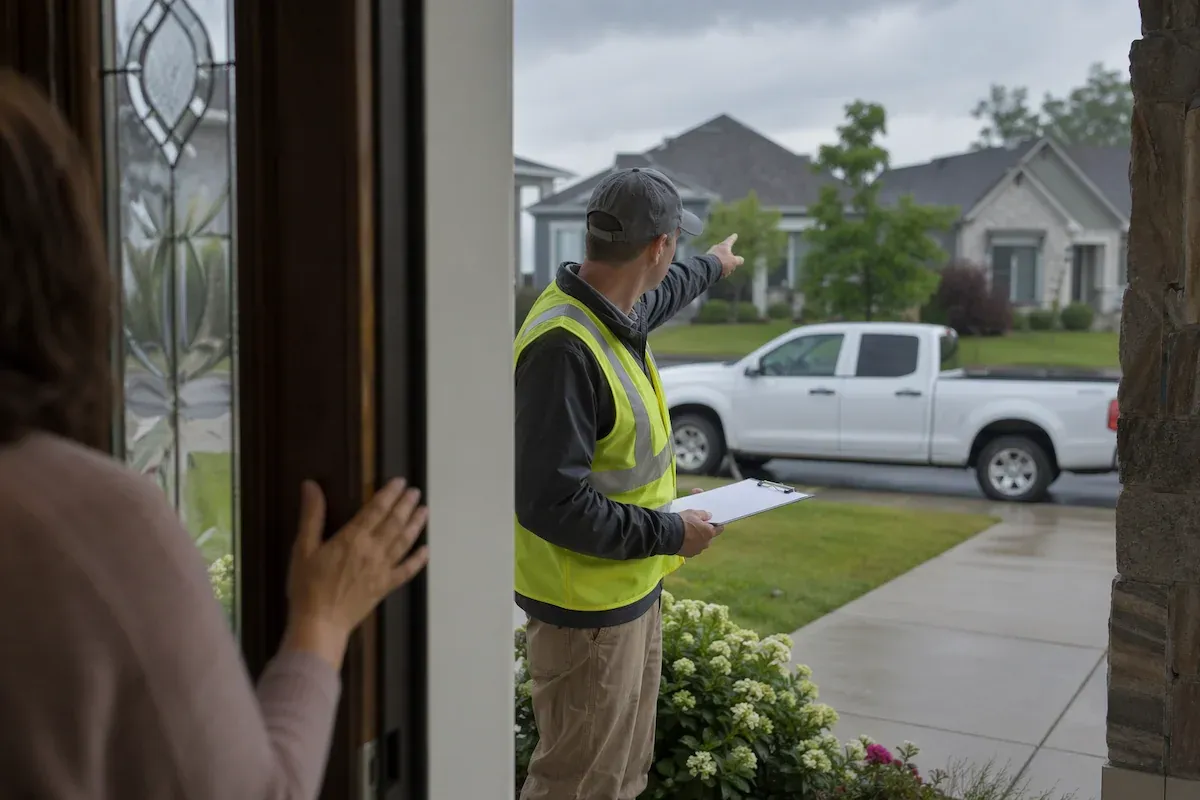 Front door knock by an unsolicited contractor with a clipboard, classic storm chaser solicitation pattern