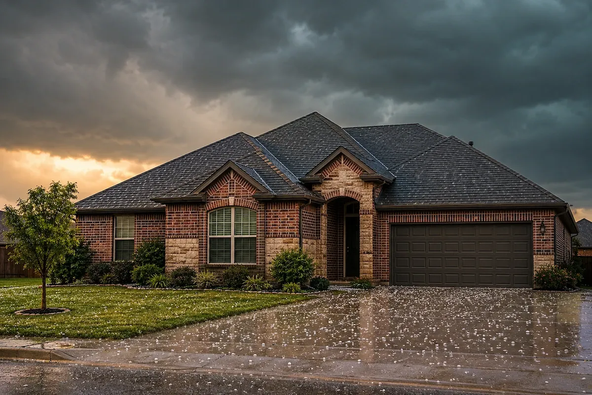 North Texas brick home with an architectural shingle roof under a darkening hailstorm sky