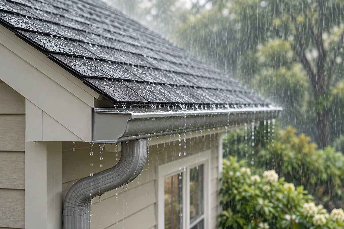 Rain running from the eaves of a shingle roof