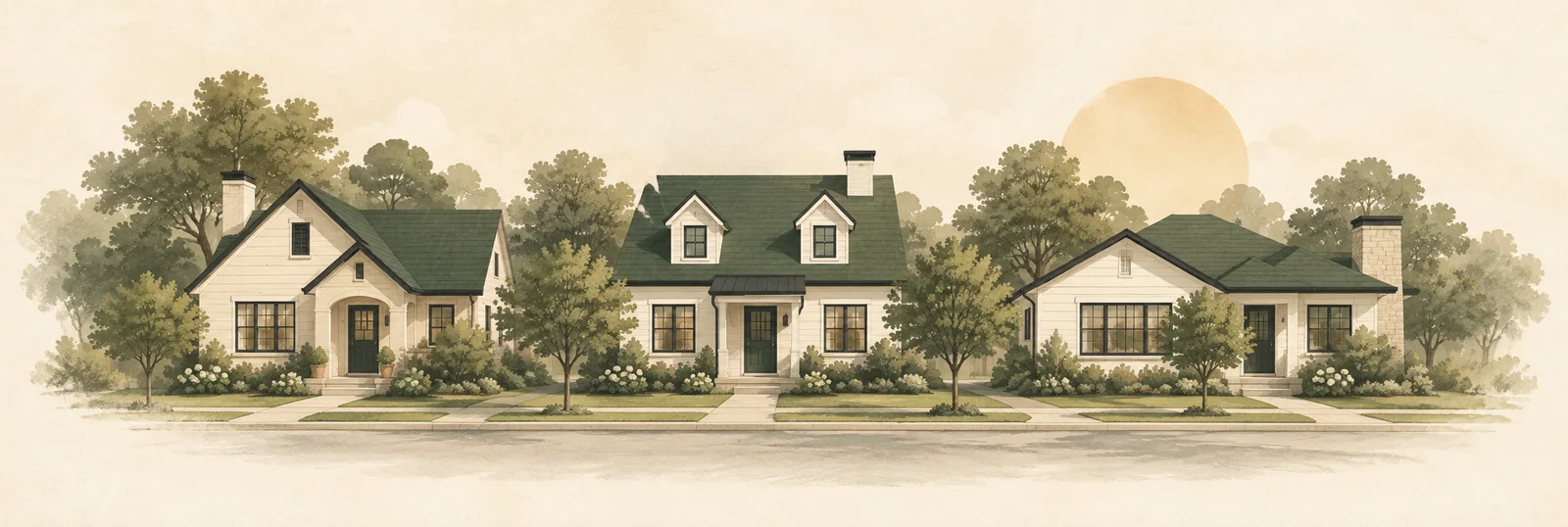 Three neighborhood homes with different green rooflines, illustrated in soft woodland colors